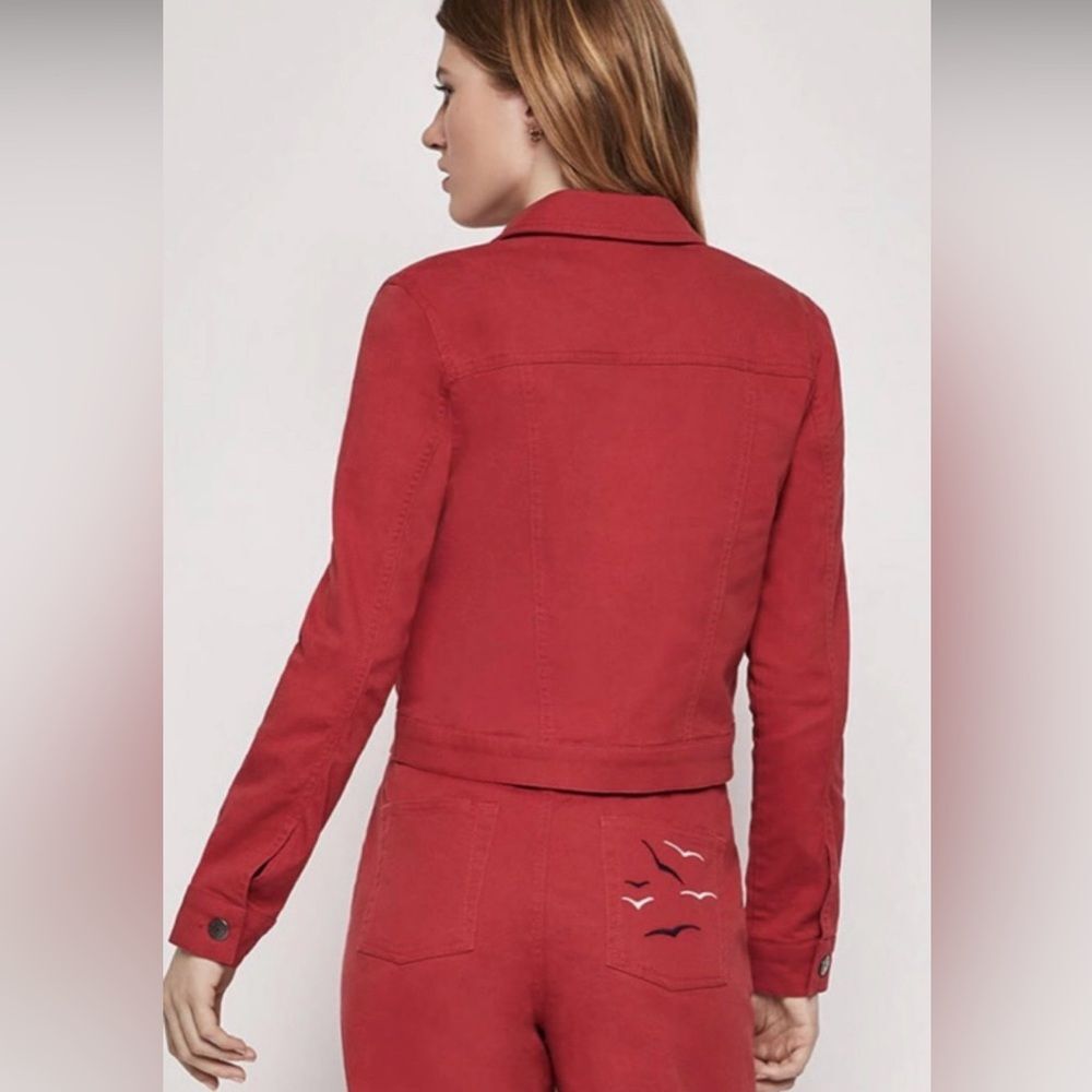 Cropped Denim Jacket Red Soft Cotton Lightweight Utility Embroidered Birds XXS - Picture 6 of 12